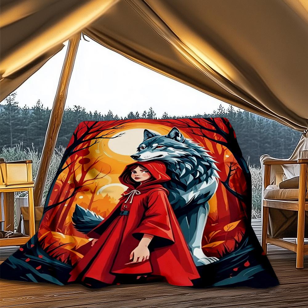 1pc Wolf Red Riding Hood Throw Blanket Polyester Fiber, Lightweight Flannel, Soft & Warm, All Season Use for Outdoor, Camping Digital Print