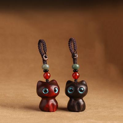 Purple Ebony Cute Wealth Attracting Cat Car Keychain Pendant Antique Style Pendant Mobile Phone Handmade High-end Hanging Accessory