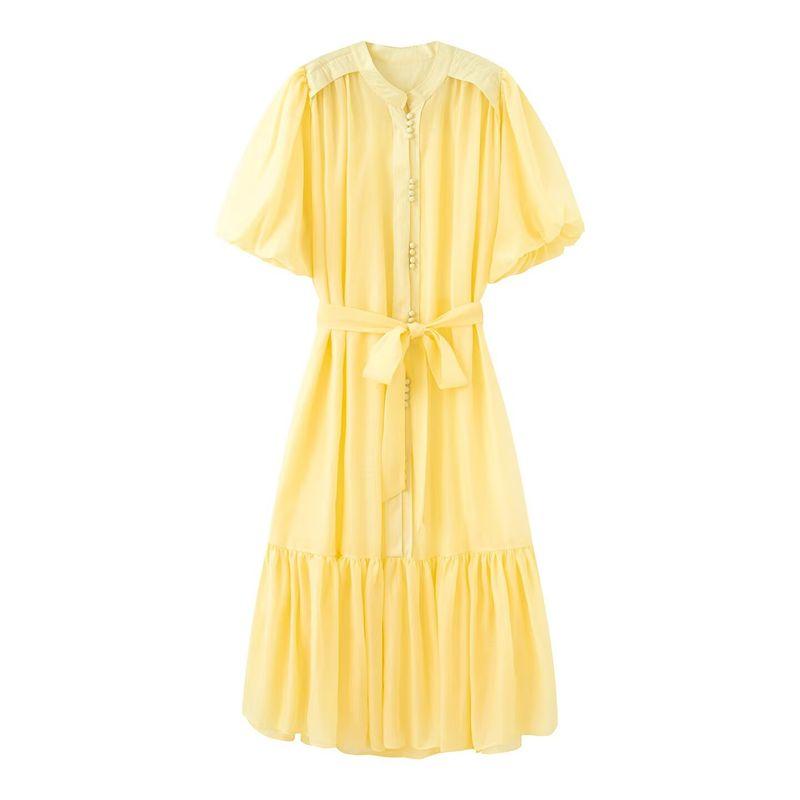 Kaslead New Women clothes Western Style Two-piece Set High Sense Frill Temperament Puff sleeve Dress