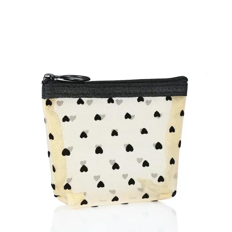 Women Cosmetic Pouch Toilet Storage Bag Ladies Toiletry Lipstick Key Coin Organizer Bags Purse Heart Transparent Mesh Makeup Bag