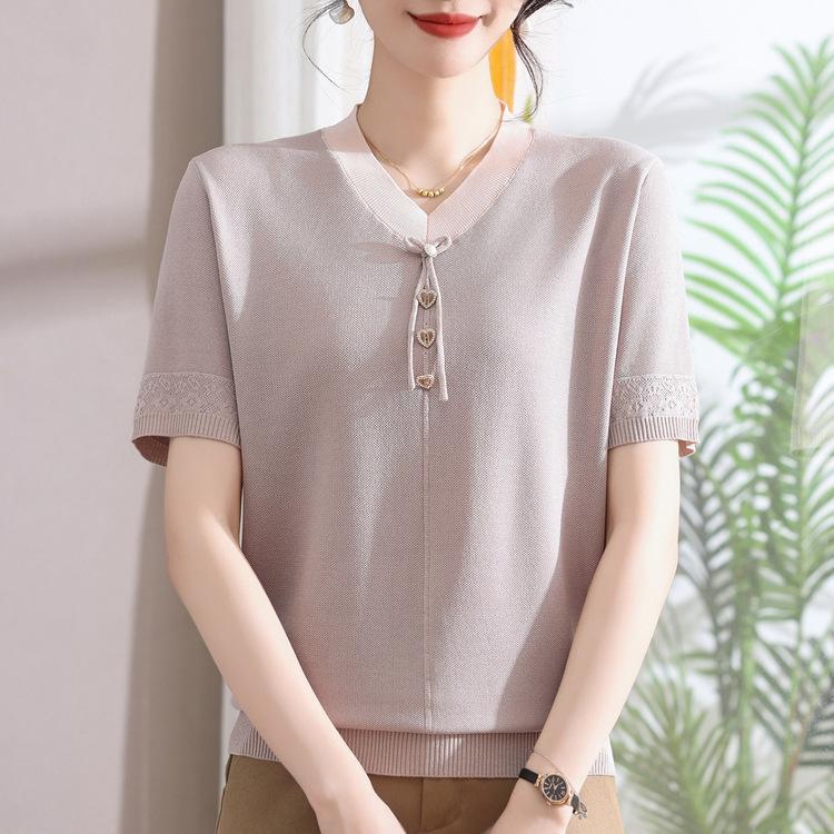 New Summer Mother Dress Short-sleeved Middle-aged Women's Knitted Top Loose Ice Silk Shirt Fashionable Mother-in-law Base Shirt