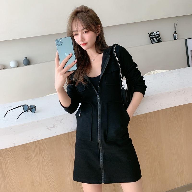 Vestito Primaverile e Autunnale da Donna Stile Coreano Casual e alla Moda Maglione con Cappuccio e Zip a Manica Lunga Gonna Corta