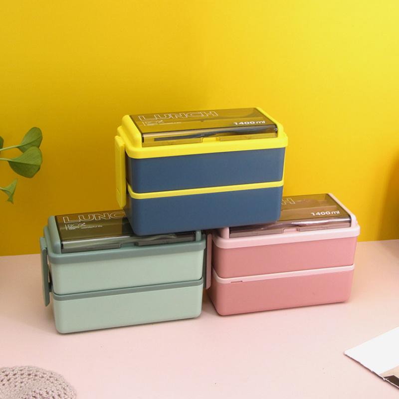 Food-grade microwaveable lunch box, double-layer bento box, compartmented lunch box with cutlery and small sauce container