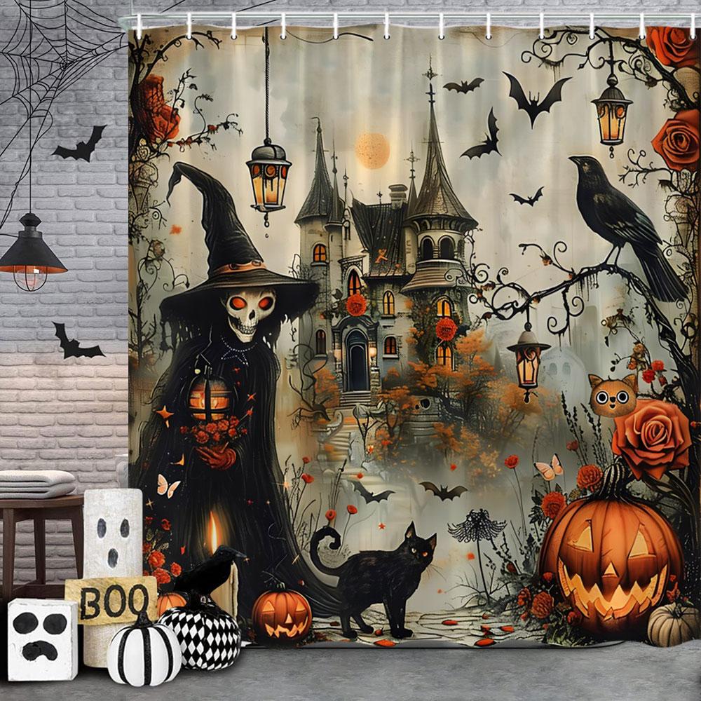 Spooky Horror Halloween Skeleton Crow Shower Curtain Black Bat Black Cat Polyester Fabric Bath Curtain Bathroom Decor With Hoo