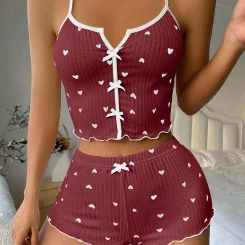 Set Sleepwear Women Pajamas Set Heart Print Soft Ribbed Fabric with Flirty Frill Trim Casual Cami Top and Short Set Loungewear