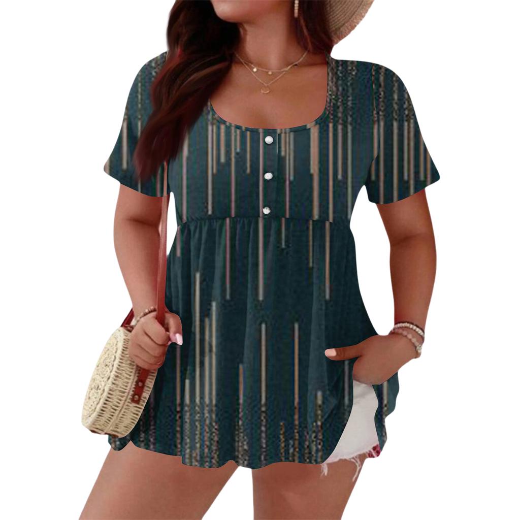Women's Fashionable Casual Short Sleeve Loose Fit Button Front Printed Blouse
