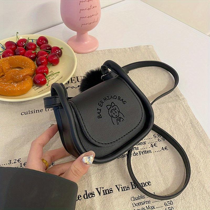 Fashiable Miniature Shoulder Bag with Adjustable Strap and Pompom Charm - PU Material,Magnetic Closure