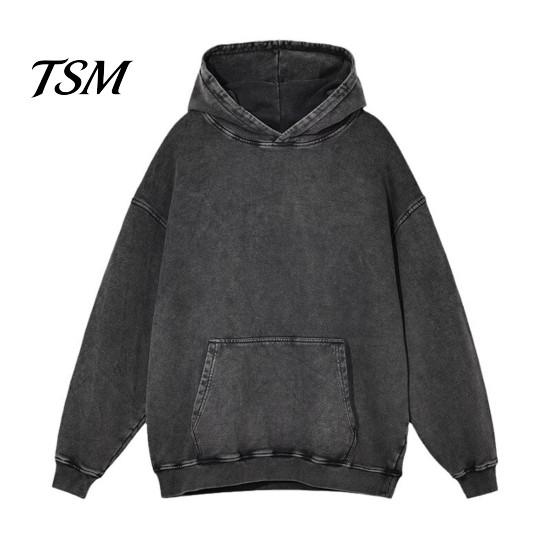 Haut Douillet d'Automne Automne Printemps Sweat à Capuche Unisexe Grande Poche à Capuche Ample Délavé Usé Élastique Poignets et Ourlet Épaules Inclinées Couleur Unie