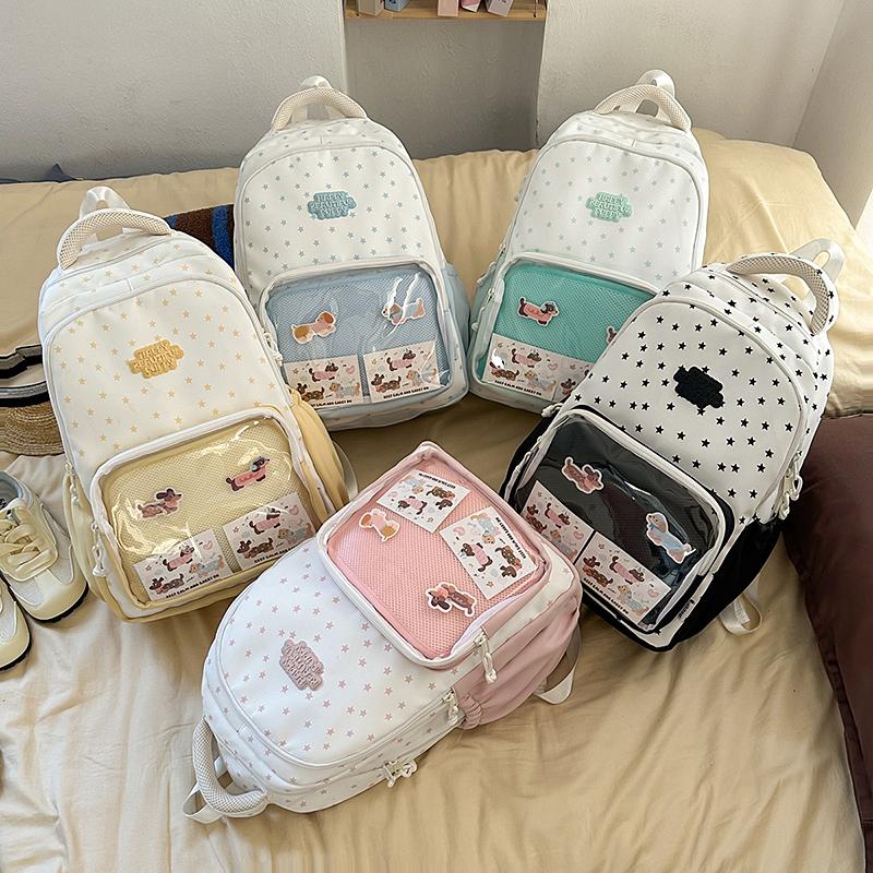 Women's Large Capacity Backpack Color Block Student Schoolbag Girls Stars Print Backpack