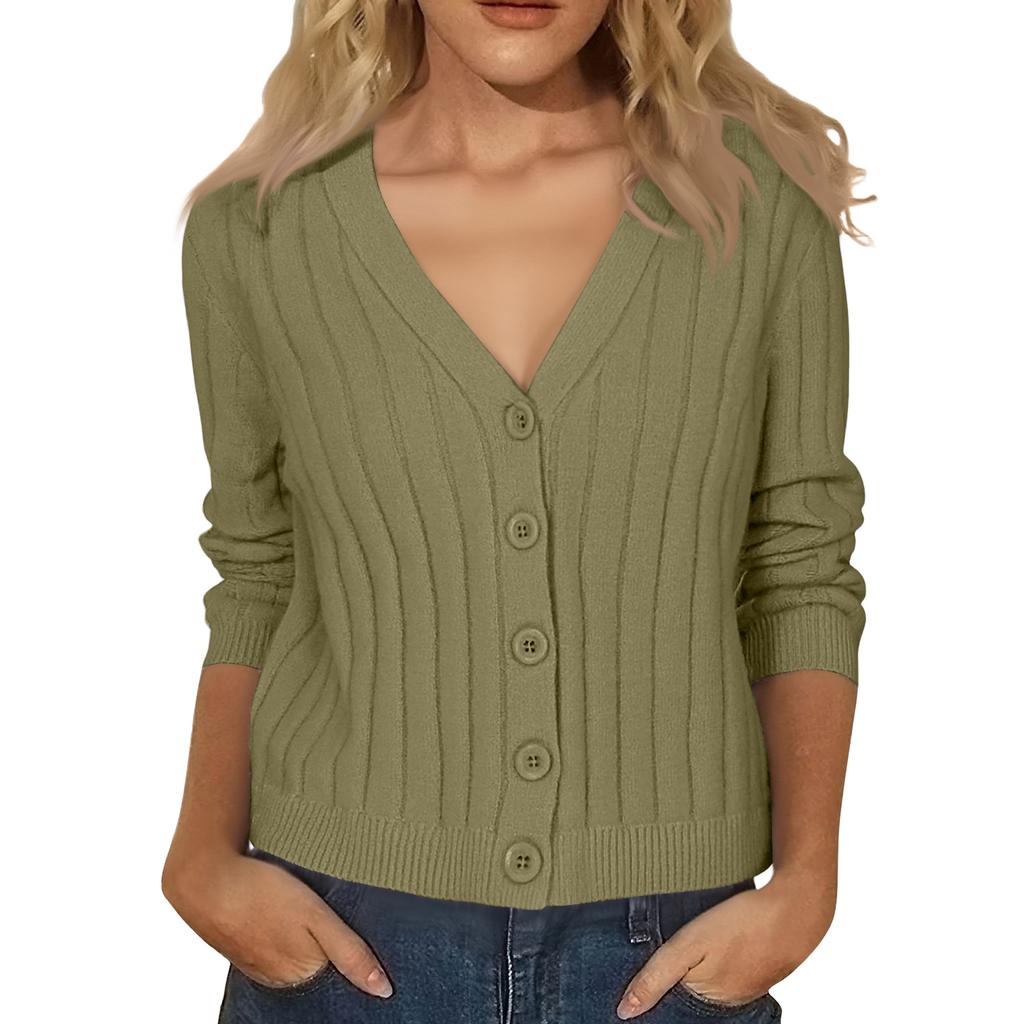 Women's Fashion Long-Sleeve V-Neck Lightweight Knit Sweater Solid Color Outerwear Top