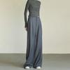 Gray High-Waisted Wide-Leg Suit Pants for Women: Drape Design, Hip-Covering, Slimming, Straight-Leg, Cinched Waist for Pear-Shaped Bodies.