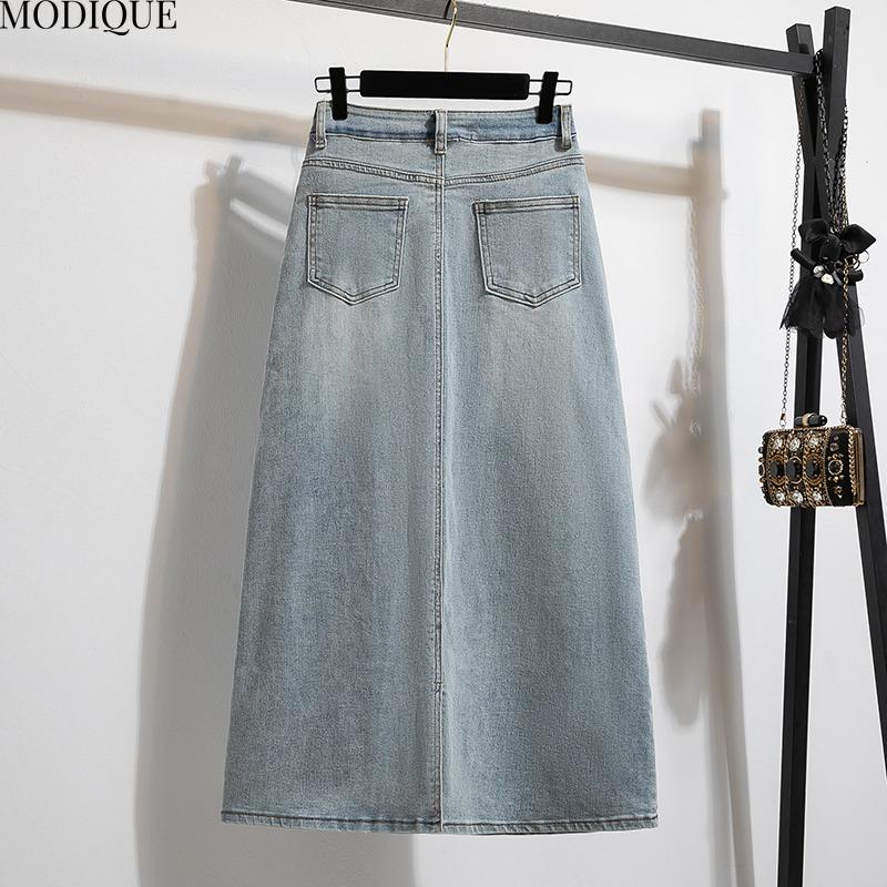 MODIQUE 2025 Neu Übergröße Sommer Damen Lässig A-Linie Hohe Taille Hüftumspielend Blau Denim Auswaschung Rock Damen Locker Basic MIDI Kleid