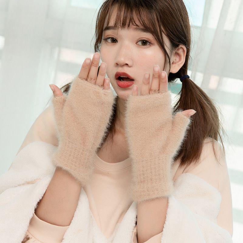 Stylish Womens Knit Faux Cashmere Winter Gloves Thick Warm Half Finger Comfort