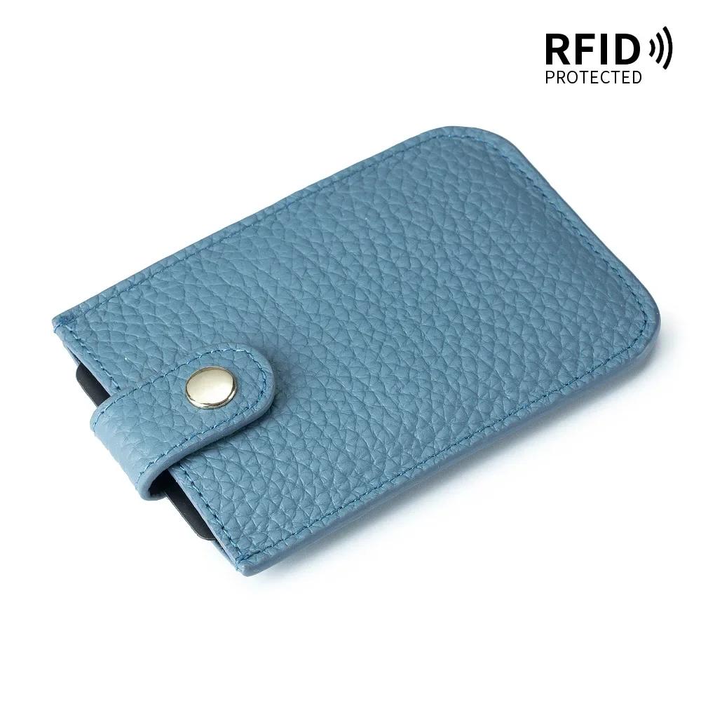 Fashion Genuine Leather ID Credit Card Holder RFID Protecter Cover Solid Color Thin Pocket Wallets Case Badge Holder UNISEX