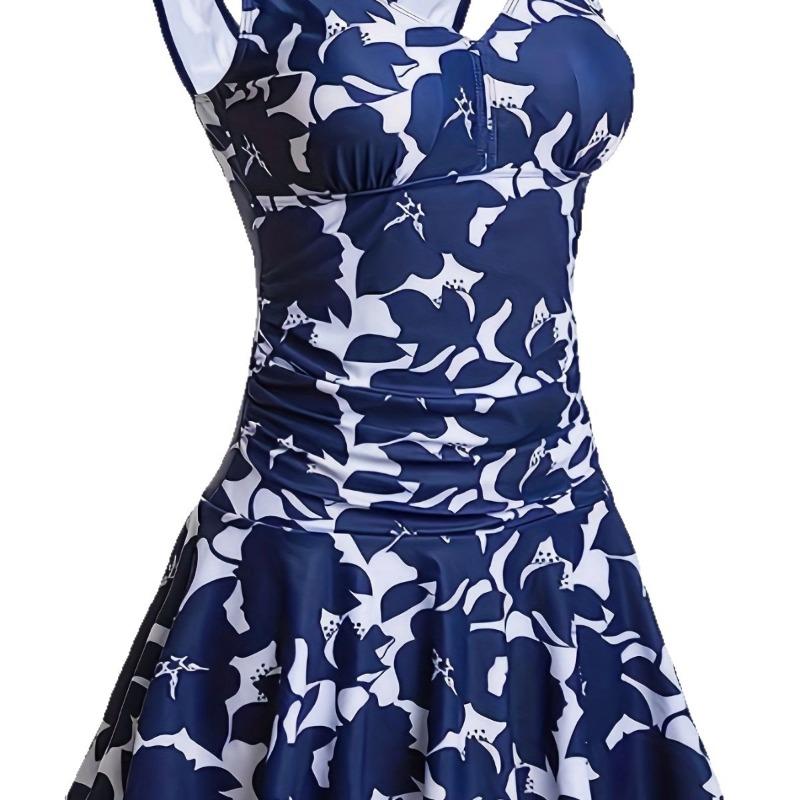 Costume da bagno intero da donna con scollo a V, stampato, conservativo, con gonna