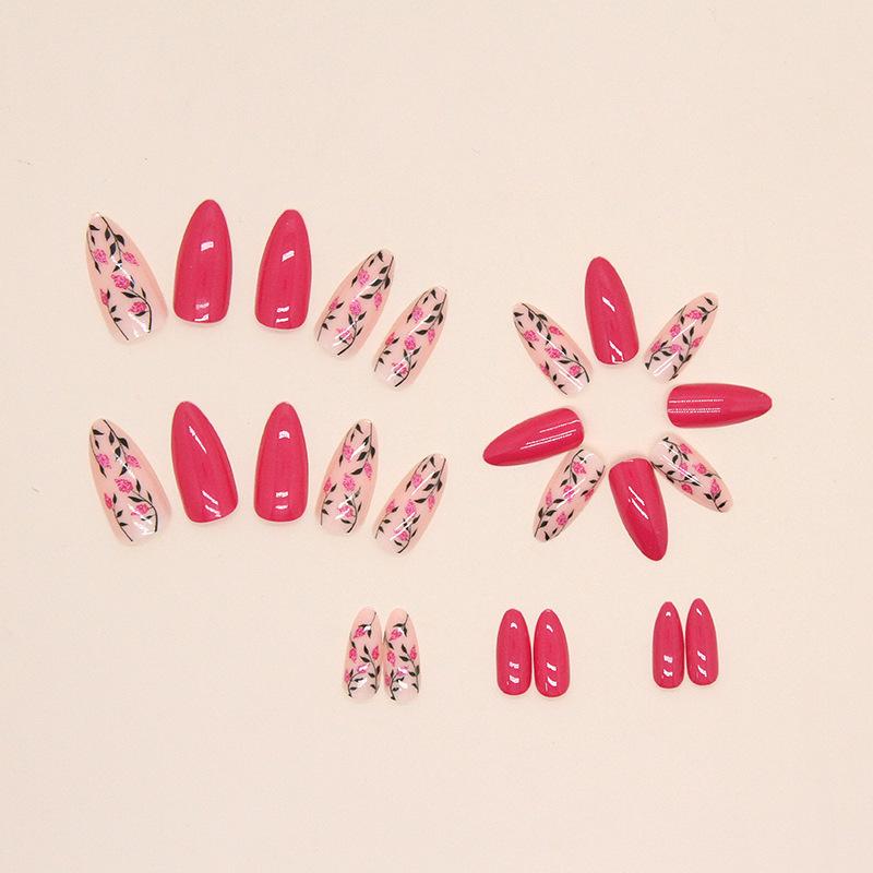 Rose red flower almond nail round head solid color European and American ins style special fashion nail piece