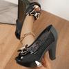 Black Lace Thick Heel Fish Mouth Shoes, Waterproof Table Metal Bow High Heel, Huidong Factory, Worker
