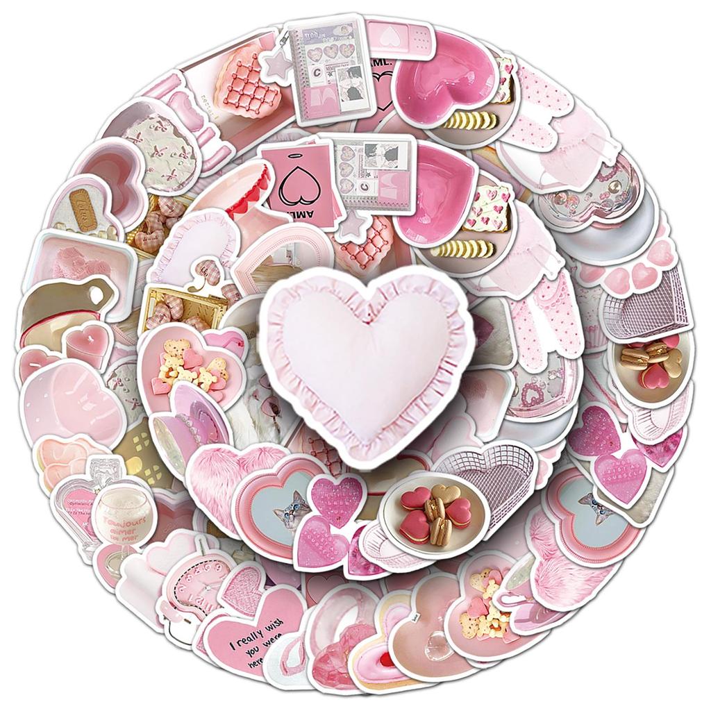 50 Heart-Shaped Ins Style Stickers: Cartoon Fresh Girly Heart for DIY Journaling, Helmets, Water Bottles