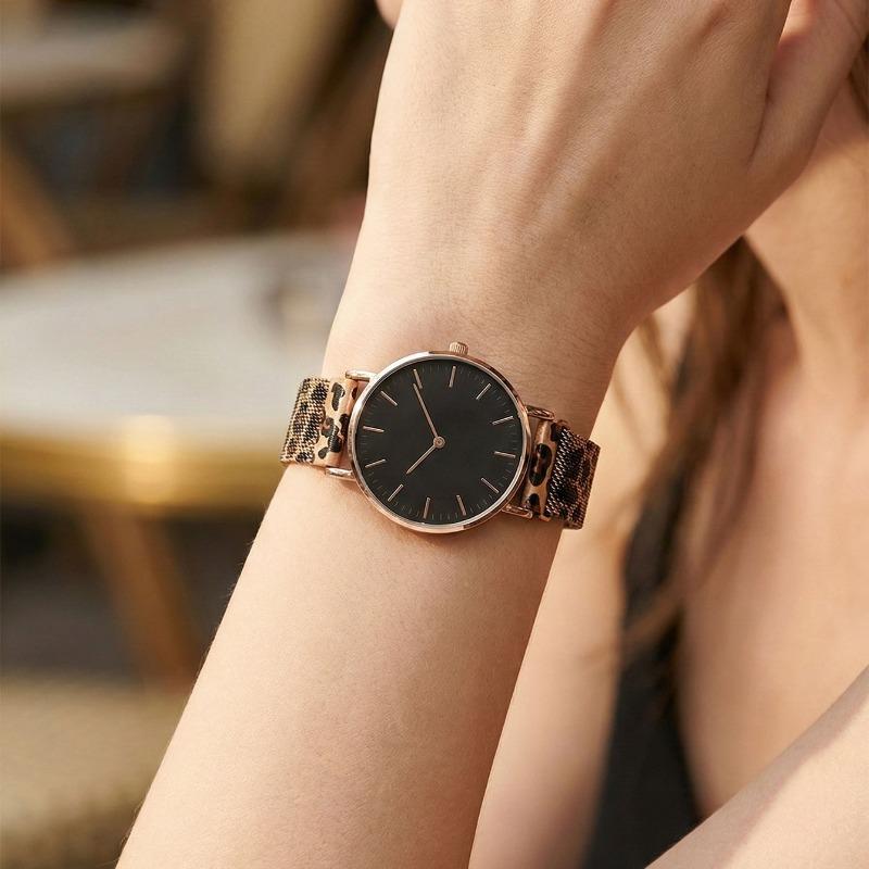Montres Ultra-fines Mode pour Femmes Luxe Motif Léopard Bracelet en Maille Montres-bracelets à Quartz pour Dames Montre Féminine Minimaliste Reloj