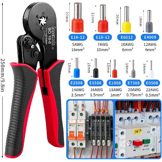 Ferrule Crimping Tool Kit, Self-Adjusting Hex Crimping Pliers for 0.08-16mm² with Wire End Terminals 1200pcs Wire End Ferrules (16-6 Crimper Kit)