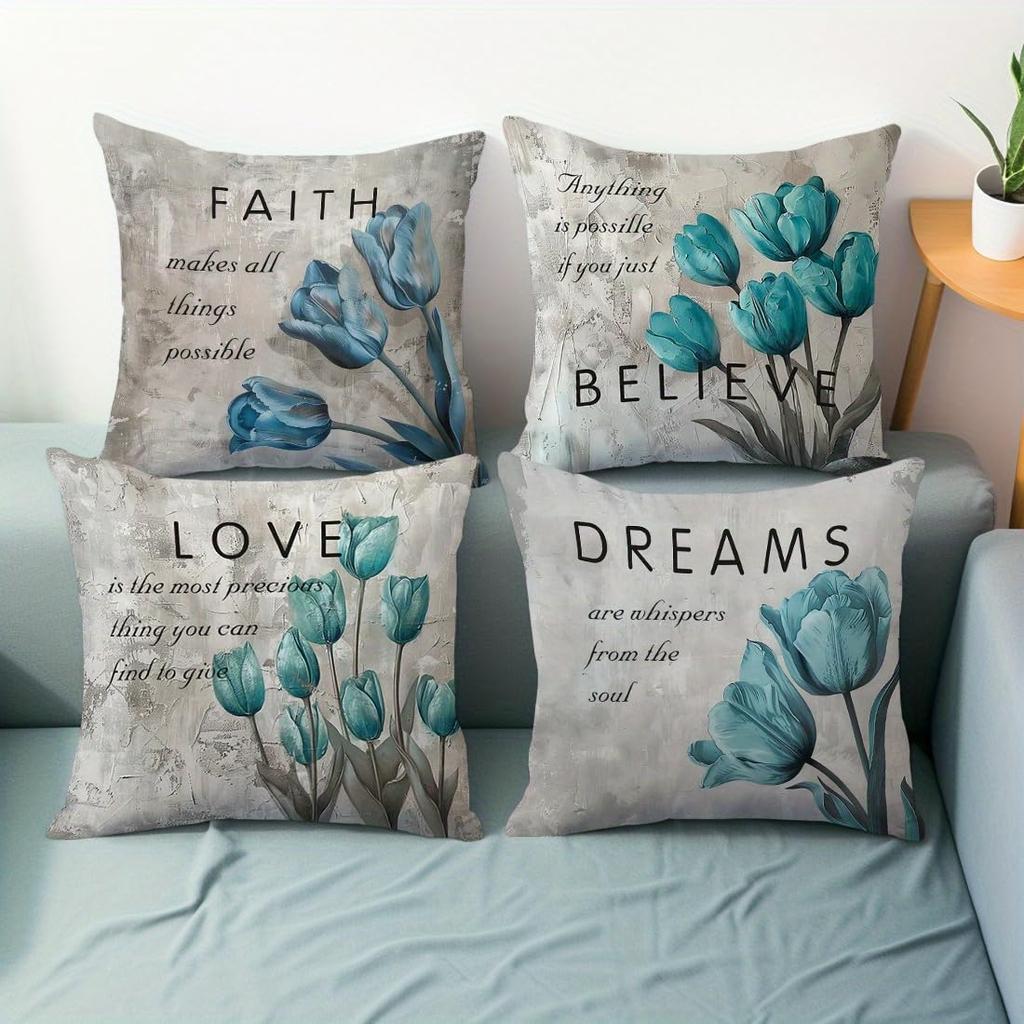 4 Pcs Double Sided Blue Tulip Cushion Covers, Inspirational Faith Love Throw Pillow Cases (No Inserts)