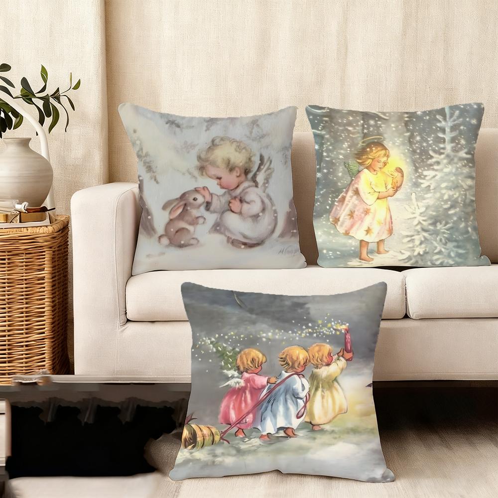 vintage little angel Cushion Cover Anti-dustmite Pillowcase Invisible zipper silky short plush Sofa cushion cover