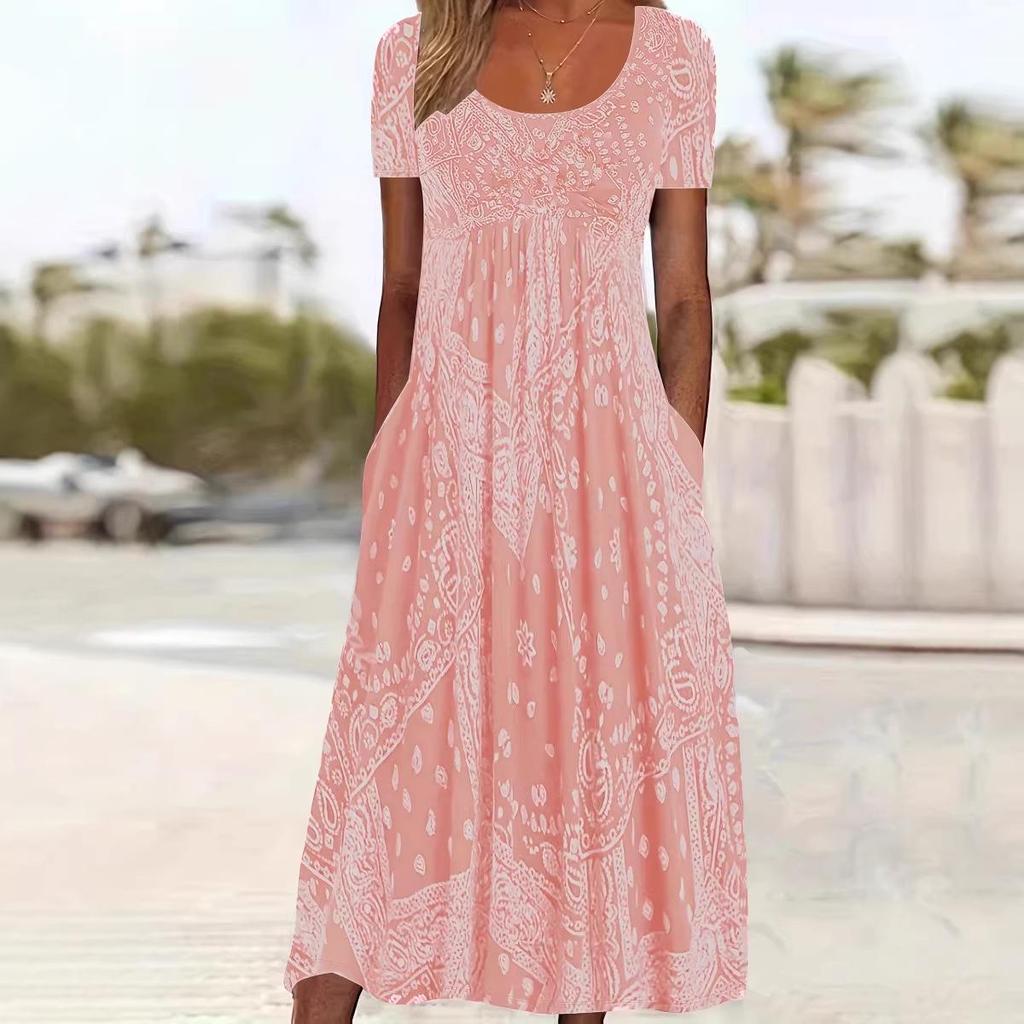 Sommer 2026 Boho-Stil Übergröße Bedrucktes Kleid mit Taschen für Damen