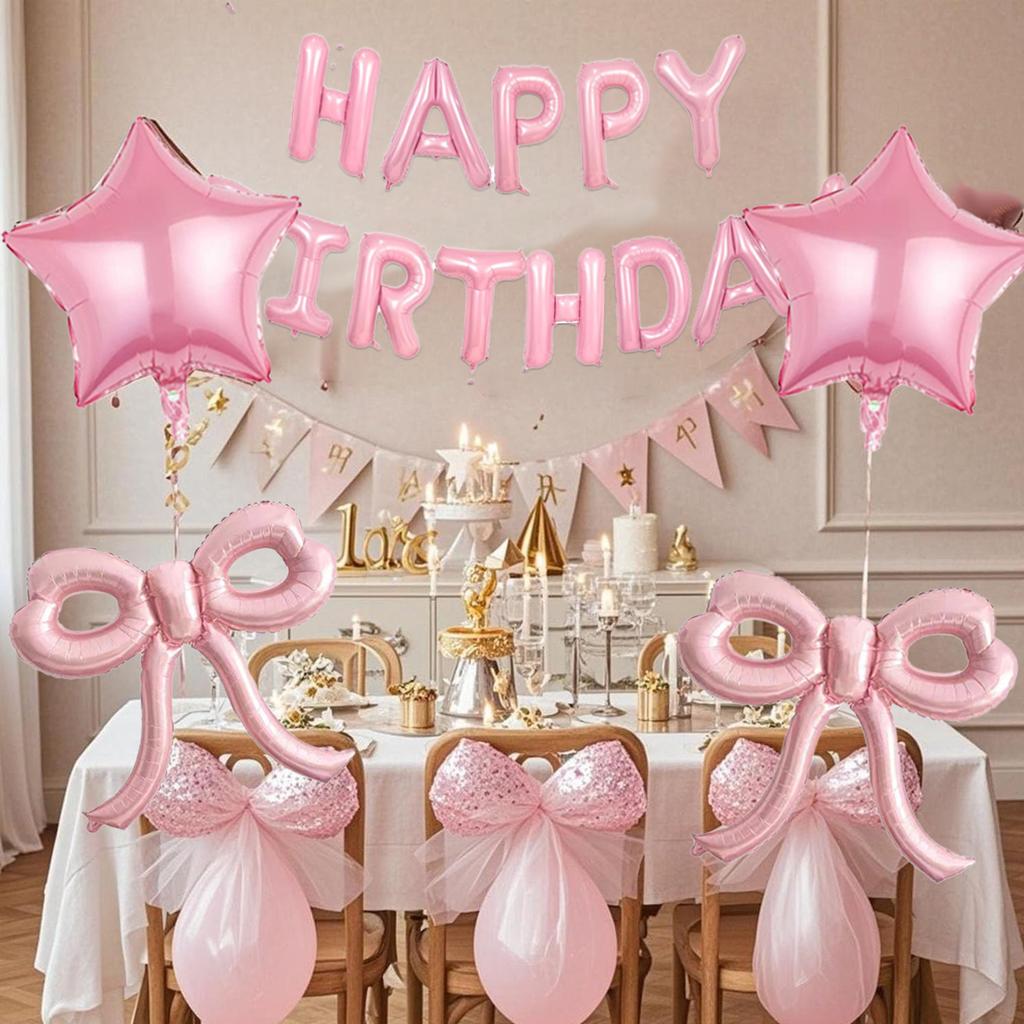 Pink Balloon Set with Bow, Birthday Letters, Colorful Confetti Balloons for Princess Tea Party, Birthday Proposal