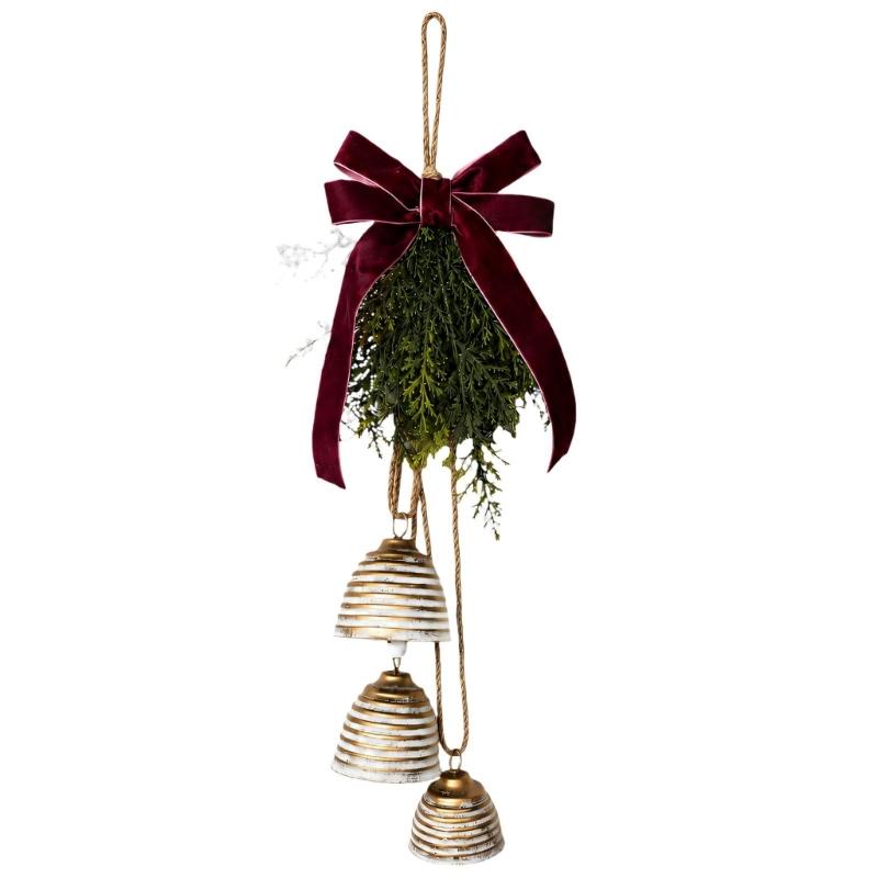Christmas Bell Door Decoration with 3 Iron Bells, Faux Evergreen Sprigs, Wine-Red Polyester Ribbon Bowknot, and Integrated Top Loop for Hearth Shelves