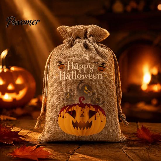 Trick or Treat Party Souvenirs 2Pcs Halloween Pumpkin Drawstring Bags for Candy Treats, Retro Burlap Rustic Linen Goodie Bags, Portable Kids
