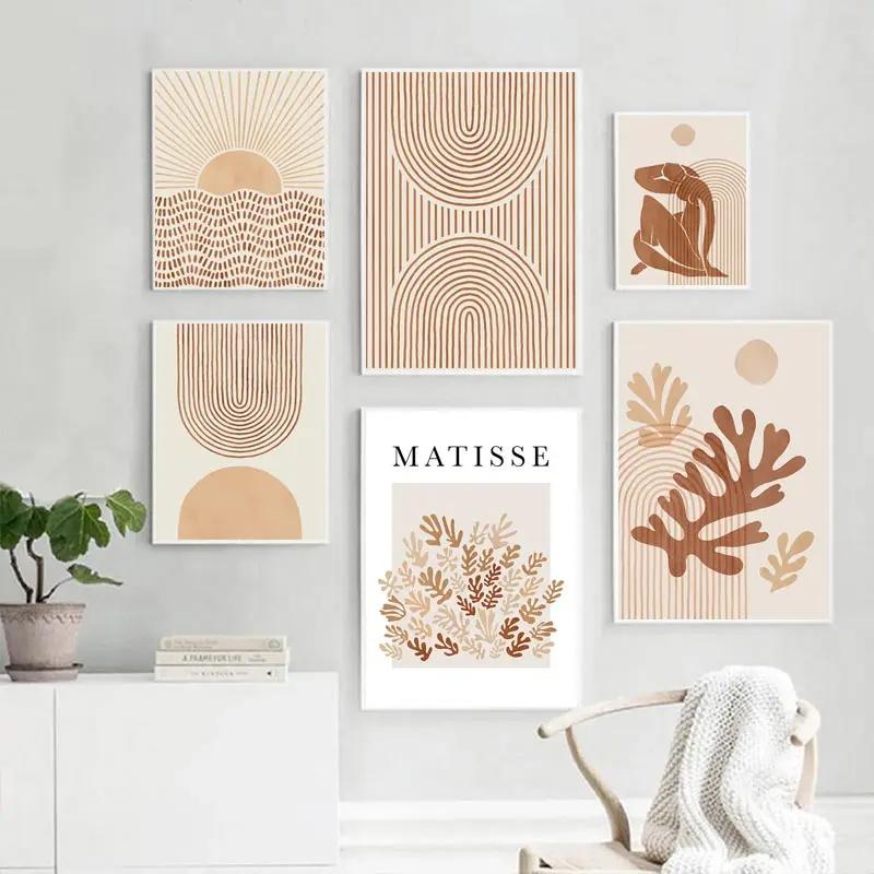 Abstrakte Korallenlinien Beige Matisse Leinwandgemälde Boho Poster Wandkunst Druckbild Schlafzimmer Wohnzimmer Büro Heimdekor