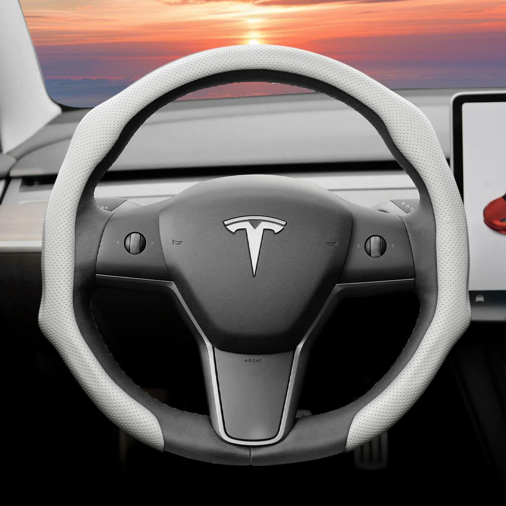 Geeignet für Tesla Perforierte Lederlenkradabdeckung, Rutschfest, Schweißabsorbierend, Atmungsaktiv, Integrierte Snap-On Schutzhülle für Modell 3 Y S