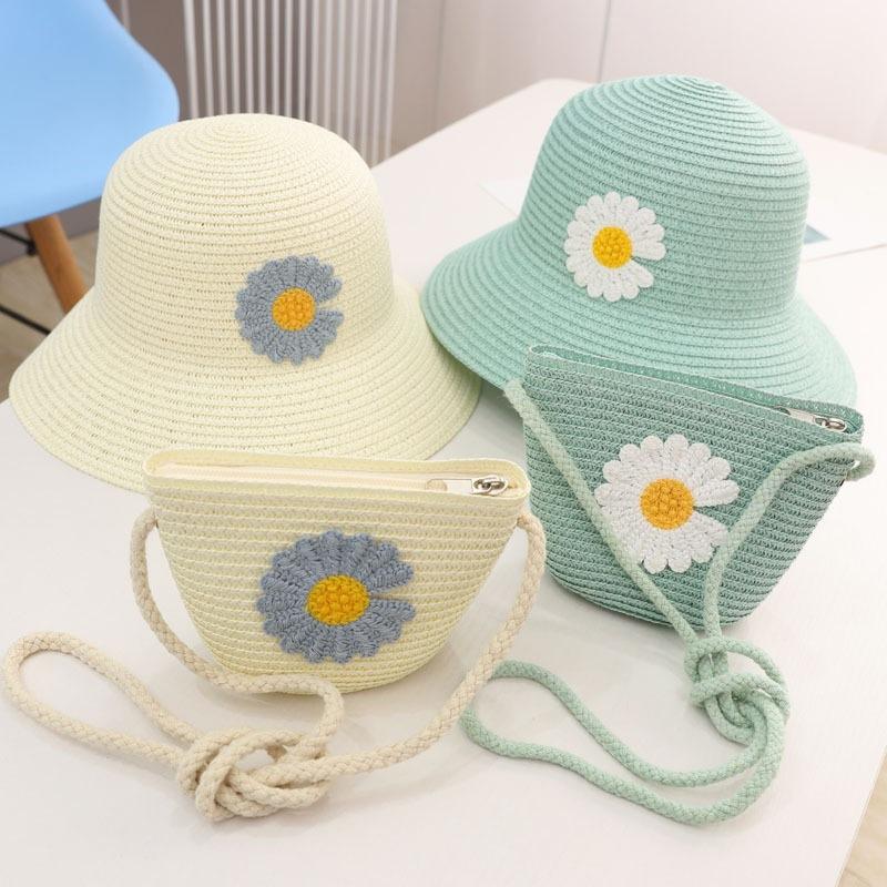 New parent-child sun hat summer straw hat large brim children's sun bucket hat basin hat bag set