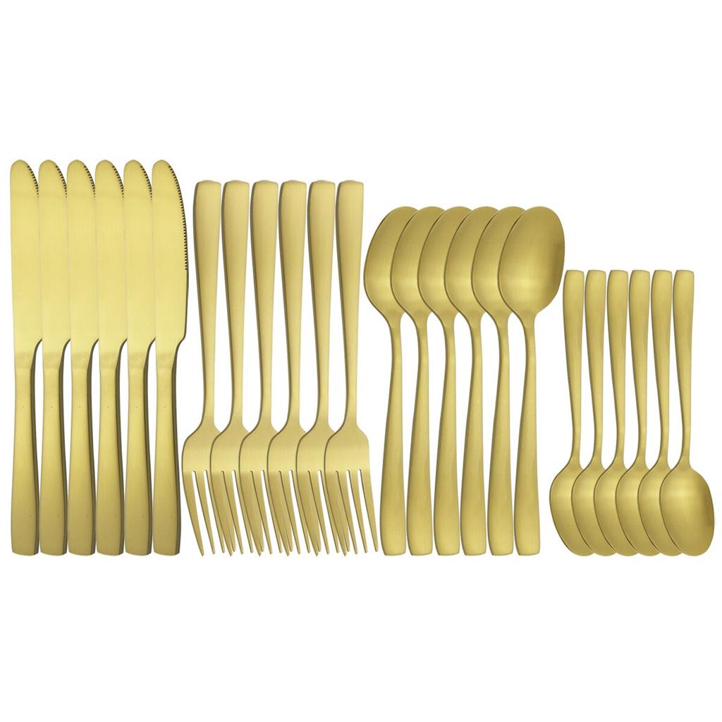 6 People Stainless Steel Cutlery Set White Gold Dinnerware Knives Fork Coffee Spoon Dinner Silverware Home Kitchen Tableware Set