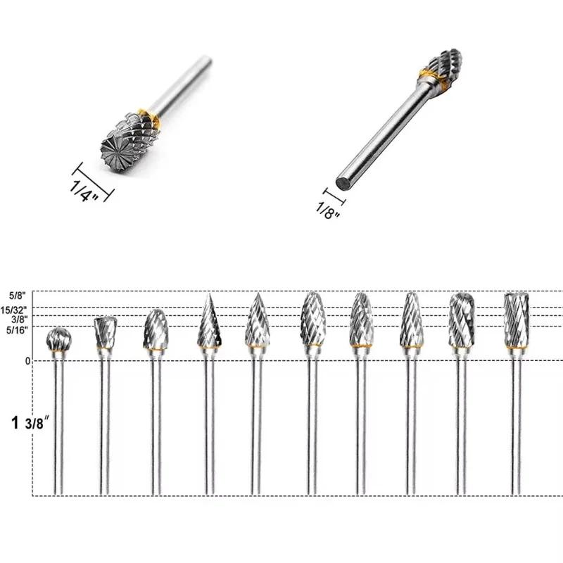 10Pcs 1/8" Shank Tungsten Carbide Milling Cutter Rotary brocas com escareador hss steel cone drill set diamond drill 10mm
