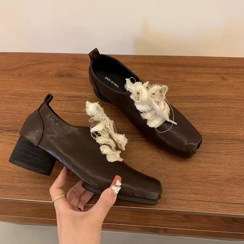 Women's Fashion Thick Heel Shoes Spring New Square Head Front Lacing Anti-slip Wear-resistant High Heels