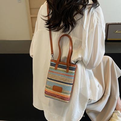 Contrasting Color Striped Woven Small Bag Women's Woven Bag Niche Temperament Versatile Single Shoulder Crossbody Mobile Phone Bag