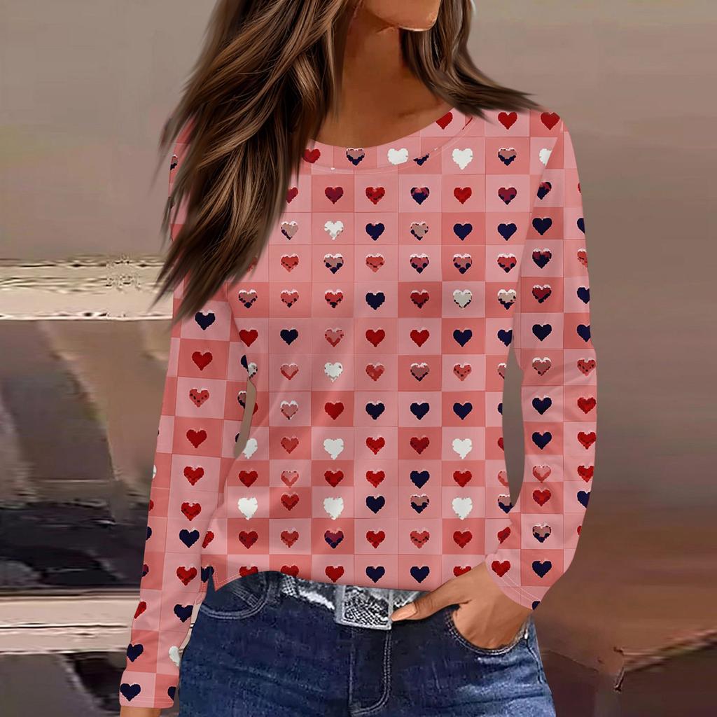 Women's Fashionable Long-Sleeved Round Neck Top with Slit Hem and Valentine's Day Heart Print