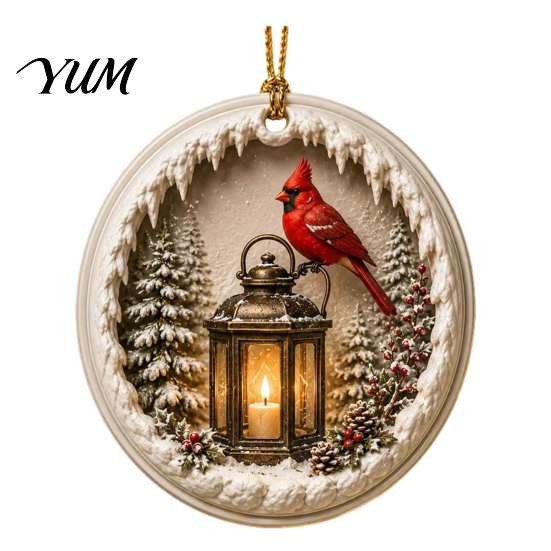 Acrylic Red Bird Pendant Christmas Ornament, Snow Scene Pattern Xmas Tree Pendants Hanging Decor, Retro Round for Winter Holiday Party Festive Decor