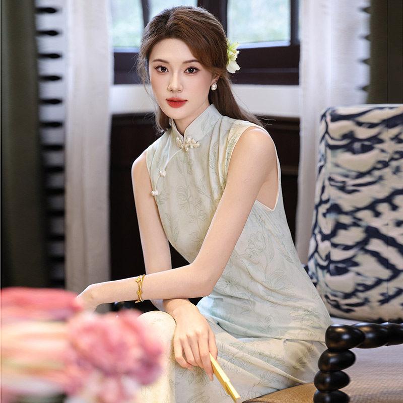 Green sleeveless national style new Chinese daily Suzhou long cheongsam improved young 1011 new women's high sense