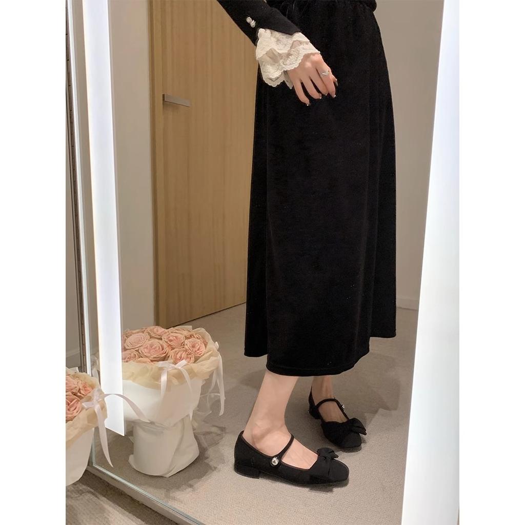 Sheepskin Version~ One Word with Bow Satin Mary Jane Shoes Women's Single Shoes Commuter Dinner Wedding Shoes