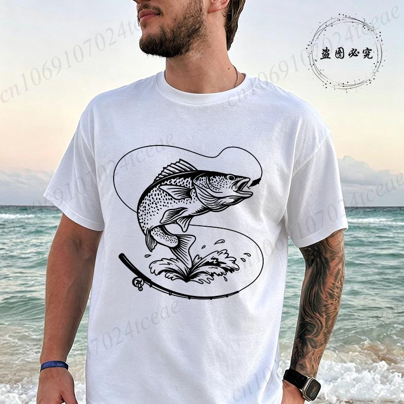 Retro Fish Fishing Print T-shirt Men Summer Breathable Tee T-Shirts Beach Vacation Casual Shirts Fisherman Gift Oversized Tops