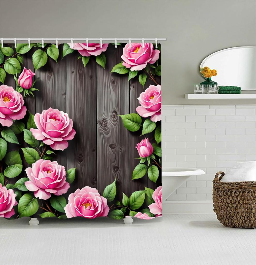 Bathroom Shower Curtain Brings A Pleasant Mood To Bathing, With A Unique Artistic Waterproof Green Leaf Pink Flower Shower Curta