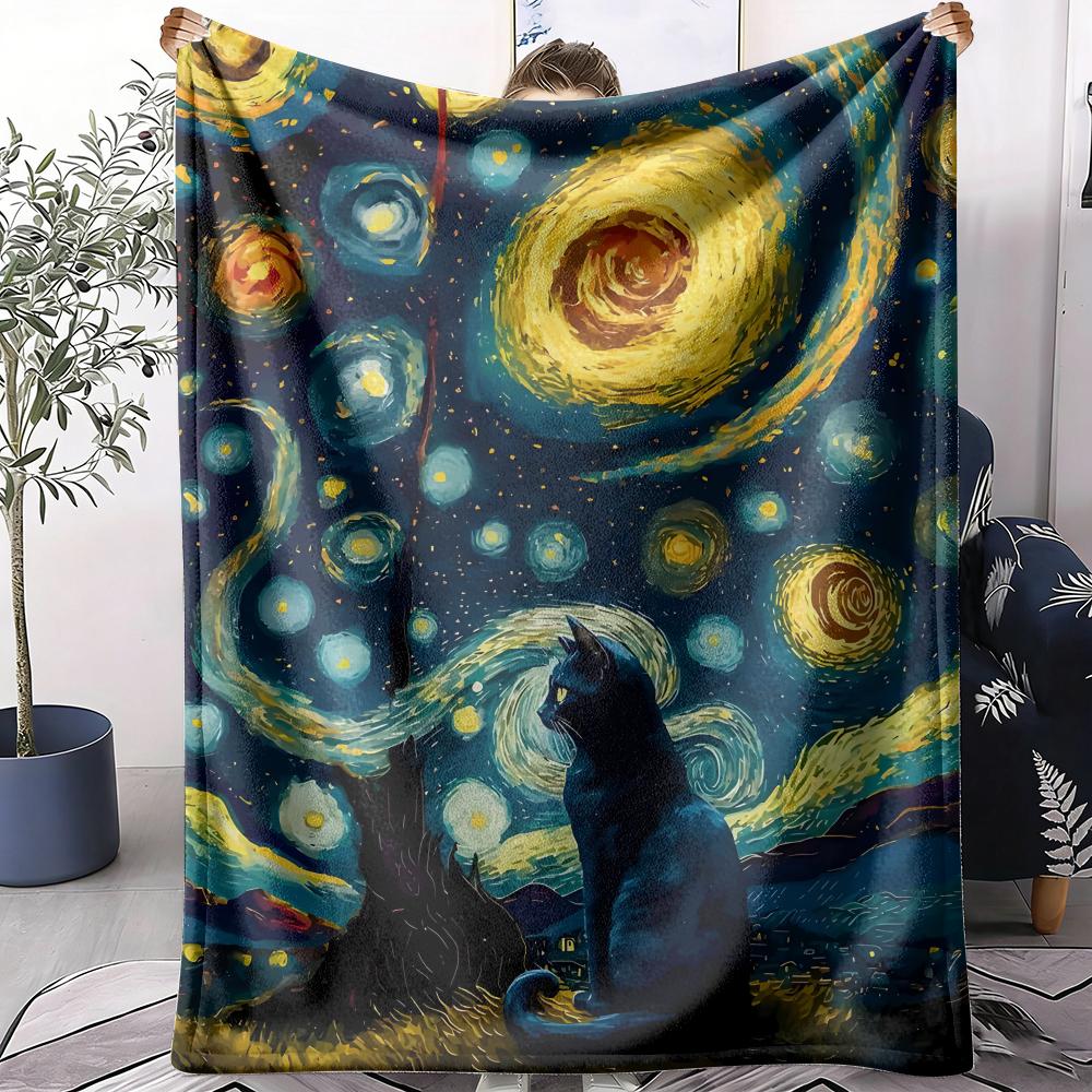 Starry Night And The Cat Throw Soft Flannel AC Blanket Lightweight Summer Nap Throw Cozy  Blanket for Sofa Bed Travel Home