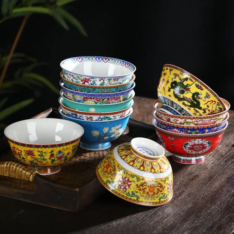 New Chinese Style Ceramic Bowl Enamel Colored Rice Bowl Kitchen Dish Set Bone Porcelain Household Bowl salad bowl set
