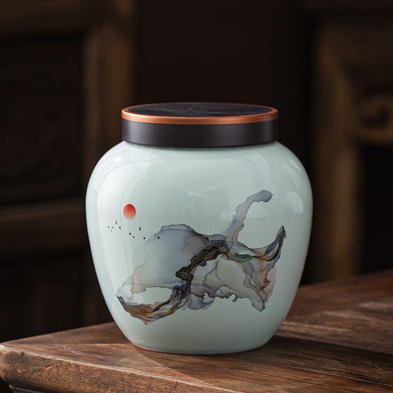 Vintage Mountain Scenery Pattern Ceramic Tea Caddy Moisture Seal Nut Candy Storage Jar Ink Ceramic Storage Bottle Art Decoration