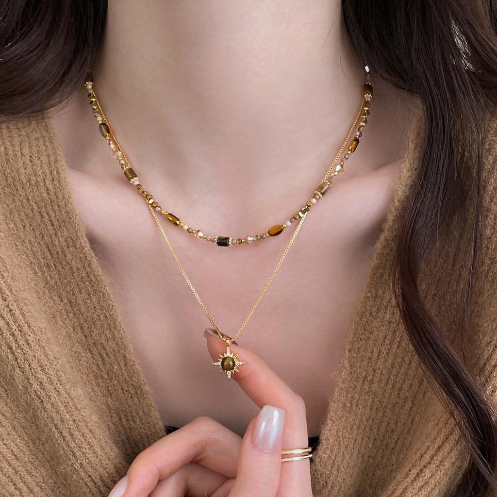 Two-piece Set, Tiger's Eye Stone, Sunflower Necklace, Women's Retro Light Luxury High-end Sweater Chain, Niche Stacked Wear