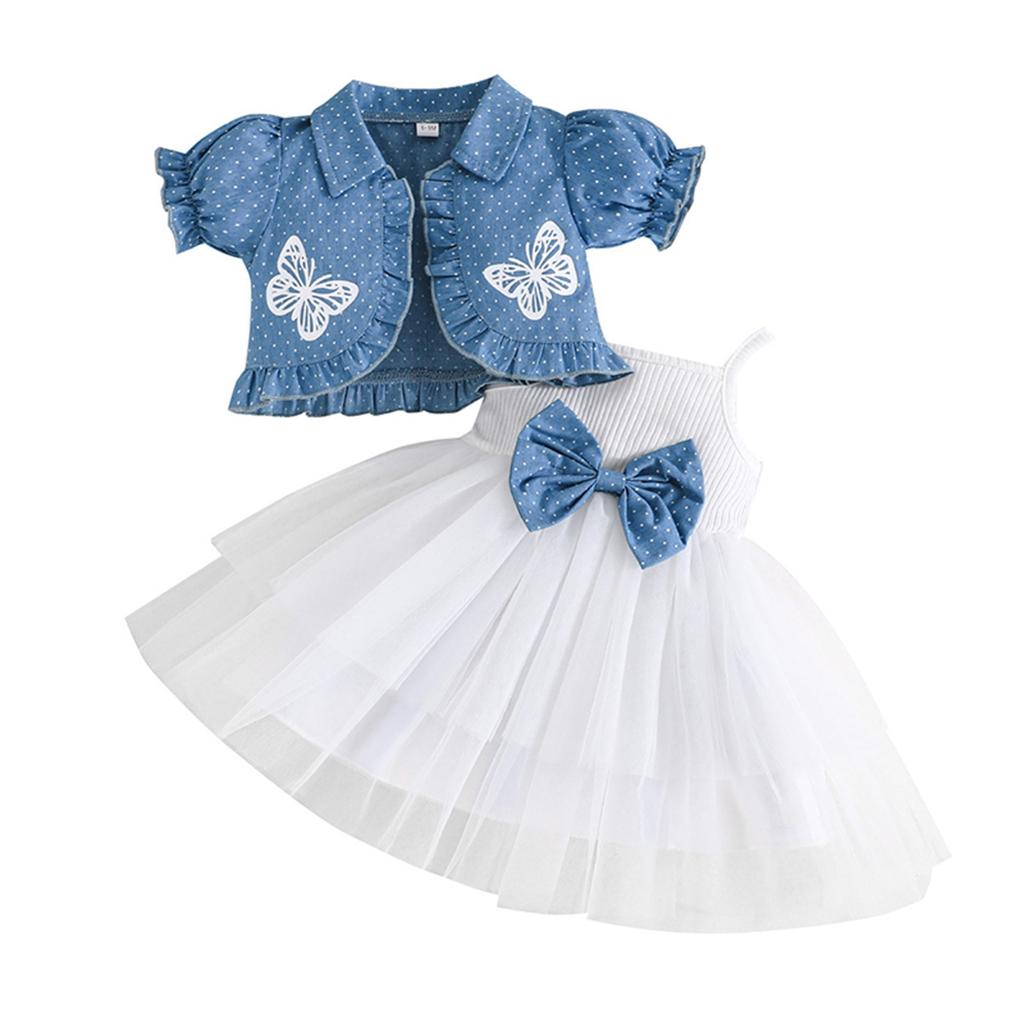 Toddler Girl Summer Outfits Tulle Spaghetti Strap Bow A Line Dress with Dot Butterfly Print Short Puff Sleeve Cardigan