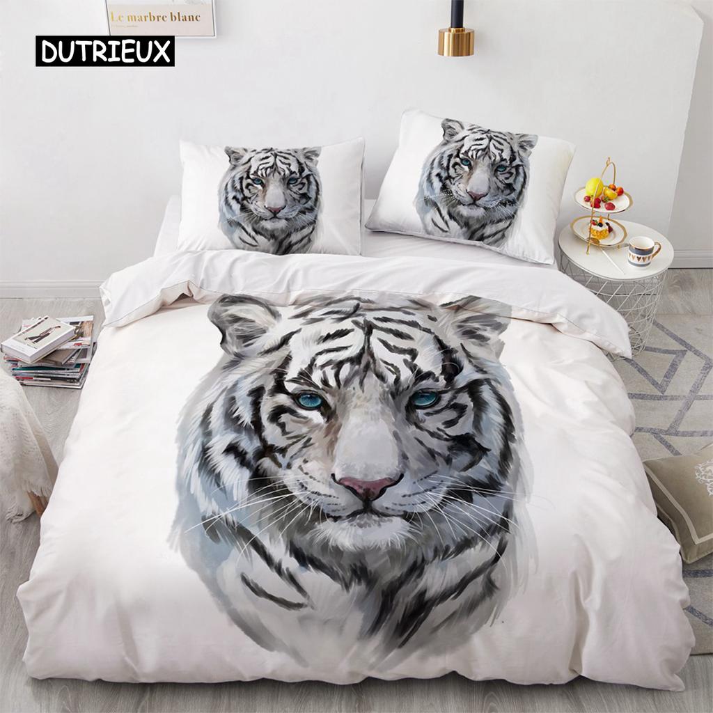 3D Bedding Set Black Duvet Quilt Cover Set Comforter Cover Pillowcase King Queen Size Animal Tiger Printed Polyester Quilt Cover