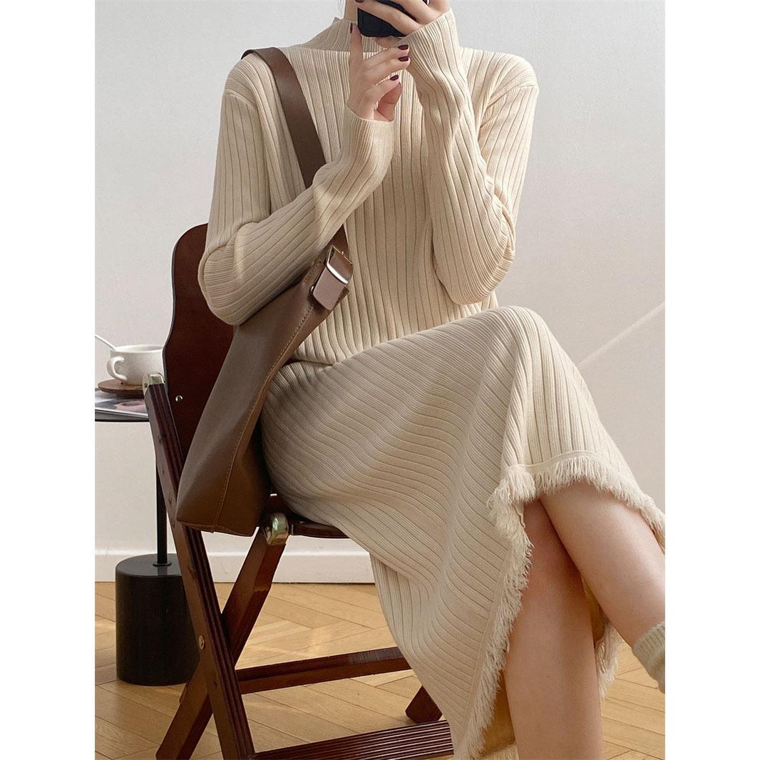 

LYRIA Women s Semi-high Neck Fringed Sweater Dress, Elegant Long-length New Style, Knee-length Knitted Turtleneck Dress for Autumn and Winter. average size бежевий